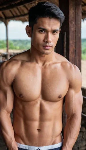 A man, 25 years old, young, Malay, handsome, muscular physique with a chiseled chest, mesomorph body type, fair-skinned, black hair, short hair, his body glistens with sweat, shirtless.

Wearing a speedo underwear.

Confident facial expression.

In a village, on a sunny day.