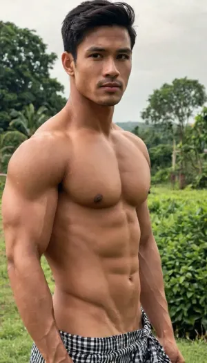 A man, 25 years old, young, Malay, handsome, muscular physique with a chiseled chest, mesomorph body type, fair-skinned, black hair, short hair, his body glistens with sweat, shirtless.

Wearing a checkered sarong.

Confident facial expression.

In a village, on a sunny day.