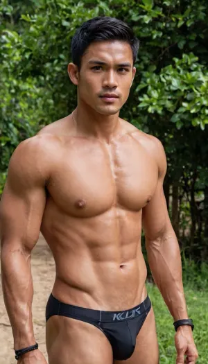 A man, 25 years old, young, Malay, handsome, muscular physique with a chiseled chest, mesomorph body type, fair-skinned, black hair, short hair, his body glistens with sweat, shirtless.

Wearing a speedo underwear.

Confident facial expression.

In a village, on a sunny day.