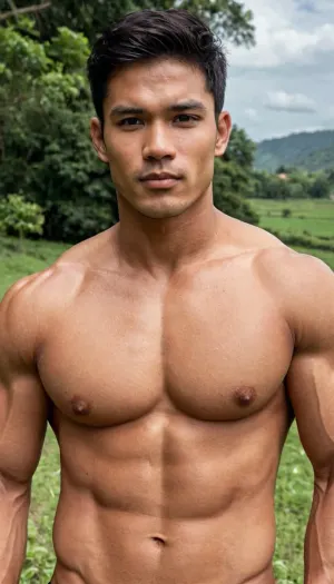A man, 25 years old, young, Malay, handsome, muscular physique with a chiseled chest, mesomorph body type, fair-skinned, black hair, short hair, his body glistens with sweat, shirtless.

Wearing a speedo underwear.

Confident facial expression.

In a village, on a sunny day.