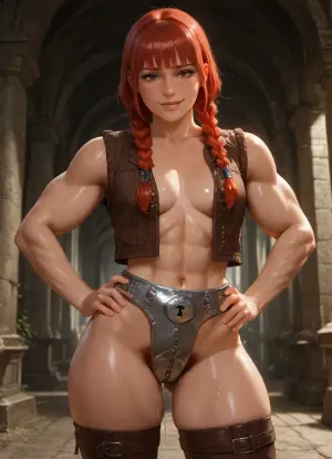 high quality, photorealistic, underground temple, dwarf woman, muscular, athletic, defined muscles, stout compact body, thick legs, broad arms, (short:1), alone, red braids, freckles, small breasts, (), (untied leather vest), knitted brown thighhighs, (heavy steel chastity belt:1.3), (padlock in front of belt), (excessive pubic hair), (dripping cum:1.1), (cum on thighs:1.2), standing, legs spread, (left hand on hip), condfident, smiling, (looking at viewer), (undressing)