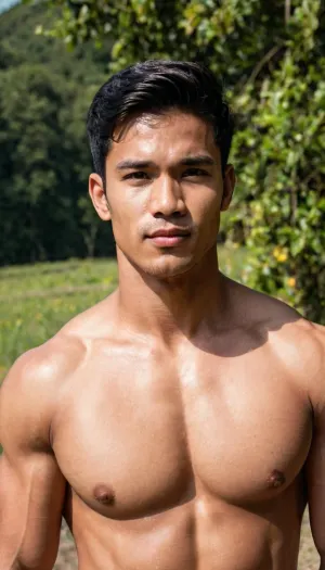 A man, 25 years old, young, Malay, handsome, muscular physique with a chiseled chest, mesomorph body type, fair-skinned, black hair, short hair, his body glistens with sweat, shirtless.

Wearing a speedo underwear.

Confident facial expression.

In a village, on a sunny day.