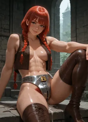 high quality, photorealistic, underground temple, dwarf woman, muscular, athletic, defined muscles, stout compact body, thick legs, broad arms, (short:1), alone, red braids, freckles, small breasts, (), (untied leather vest), knitted brown thighhighs, (heavy steel chastity belt:1.3), (padlock in front of belt), (excessive pubic hair), (dripping cum:1.1), (cum on thighs:1.2), sitting, leaning wall, (knee up), condfident, smiling, (looking at viewer), (undressing)