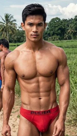 A man, 25 years old, young, Malay, handsome, muscular physique with a chiseled chest, mesomorph body type, fair-skinned, black hair, short hair, his body glistens with sweat, shirtless.

Wearing a speedo underwear.

Confident facial expression.

In a village, on a sunny day.