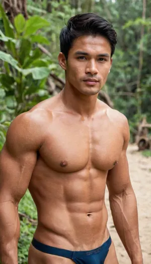 A man, 25 years old, young, Malay, handsome, muscular physique with a chiseled chest, mesomorph body type, fair-skinned, black hair, short hair, his body glistens with sweat, shirtless.

Wearing a speedo underwear.

Confident facial expression.

In a village, on a sunny day.