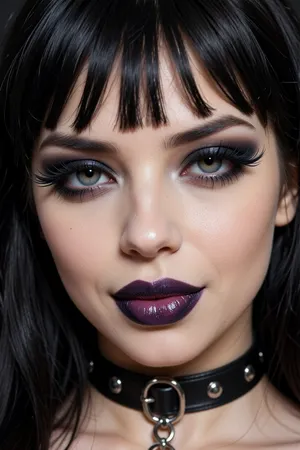 a goth woman wearing a leather choker with a sultry bdsm dominatrix aesthetic, full lips with soft pillowy creases wearing deep purple lipstick so dark it's almost black, her lips are quirked in a sexy smug smirk with a smokey expression, long ink-black hair with thick rounded bangs and fringe framing her soft round face, flawless goth-style makeup with intense kohl eyeshadow and thick winged eyeliner contrasting with her porcelain skin, focused on her huge doe eyes with thick feathery false eyelashes