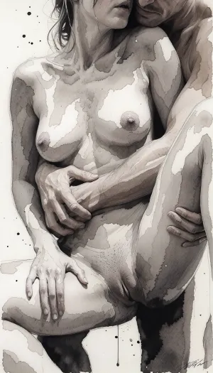 monochrome figurative watercolor painting on textured white cold pressed paper, intimate close cropped composition of two clearly adult human figures, busty woman, 28 years old, and, a man, 32 years old, intertwined at extremely close range, bodies filling almost the entire vertical frame, unusual overhead and slightly oblique viewpoint, almost no environmental context, the composition built from overlapping torsos, shoulders, arms, hands and bent legs, one adult figure occupying the lower half of the image while the second figure enters strongly from the upper edge, faces largely outside the crop or obscured by the compressed arrangement, intimate physical proximity expressed through overlapping anatomy rather than explicit action, loose gestural anatomy with recognizable human proportions but deliberately unfinished contours, black watercolor and diluted India ink only, broad transparent gray washes, soft bleeding edges, irregular pools of pigment, granulation, blooms, backruns and visible water stains, darkest charcoal gray concentrated around overlapping limbs and deep anatomical shadows, large areas of untouched white paper functioning as highlights, almost no hard outlines, forms emerging from tonal masses, wet on wet transitions beside occasional dry brush accents, hands and fingers loosely indicated rather than meticulously rendered, spontaneous expressive brushwork, slightly distorted perspective characteristic of observational life drawing, strong contrast between pale skin shaped by diluted washes and dense near black shadow passages, subtle paper fibers visible throughout, handmade imperfect quality, contemporary expressive nude figure study, restrained museum sketchbook aesthetic, vertical portrait format, approximately 3 to 4 aspect ratio, no background objects, no decorative elements, every mark focused on gesture, weight, overlapping bodies and tonal rhythm