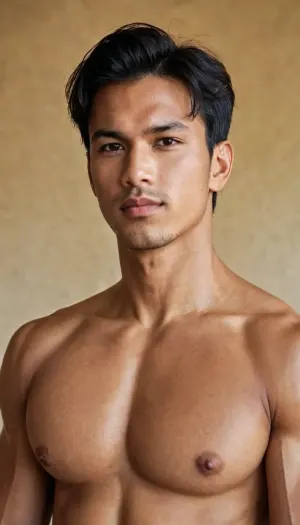 A man, 25 years old, young, Malay, handsome, muscular physique with a chiseled chest, mesomorph body type, fair-skinned, black hair, short hair, his body glistens with sweat, shirtless.

Wearing a checkered sarong.

Confident facial expression.

In a village, on a sunny day.