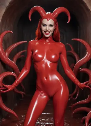 woman, a very slender succubus with huge breasts and red goat horns dressed in tight red full body latex suit, body completely covered in latex, absurdly swollen pussy, slim hips, butt, thin thighs, sharp teeth, sadistic smile, in hell, Huge nipples, very wet, lots of tentacles, covered in sperm, legs wide open