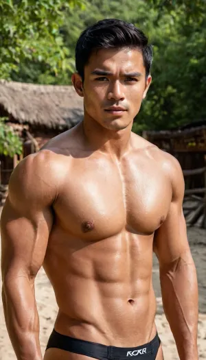 A man, 25 years old, young, Malay, handsome, muscular physique with a chiseled chest, mesomorph body type, fair-skinned, black hair, short hair, his body glistens with sweat, shirtless.

Wearing a speedo underwear.

Confident facial expression.

In a village, on a sunny day.