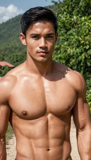 A man, 25 years old, young, Malay, handsome, muscular physique with a chiseled chest, mesomorph body type, fair-skinned, black hair, short hair, his body glistens with sweat, shirtless.

Wearing a speedo underwear.

Confident facial expression.

In a village, on a sunny day.