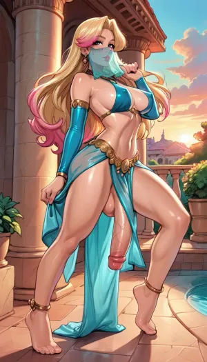 (reiq style), ((solo)), . long luxurious hair, luscious hair, thick hair, (((extremely long hair))), blonde hair with pink highlights. Thick toned thighs, sexy legs, full body shot, dancing seductively, thick toned legs.


femboy, ((transgender, tranny, shemale)), ((hyper long penis, floor dragging penis, penis so long it drags on the ground, hyper flaccid penis, penis dragging on the ground, (hyper flaccid penis swinging as she dances))), tight balls, Belly dancer, violet_eyes_shadow, (breasts curtain), sideboobs, hourglass figure, face veil, jewels and diamonds, pale skin, skimpy clothing, rimlight, thin waist, wide hips, big ass, dressed in iconic dress, spread legs, solo, side view, ((voluptuous)), blushing, legs spread, motion lines, 2 feet, barefoot, outdoors, sunset, garden, greek architecture, Melkor Mancin artstyle, score_9, score_8_up, score_7_up, <lora:cartoon_stickers_xl_v1:.8>, <lora:ratatatat74-000050:1.3>