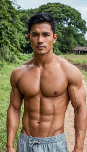 A man, 25 years old, young, Malay, handsome, muscular physique with a chiseled chest, mesomorph body type, fair-skinned, black hair, short hair, his body glistens with sweat, shirtless.

Wearing a speedo underwear.

Confident facial expression.

In a village, on a sunny day.