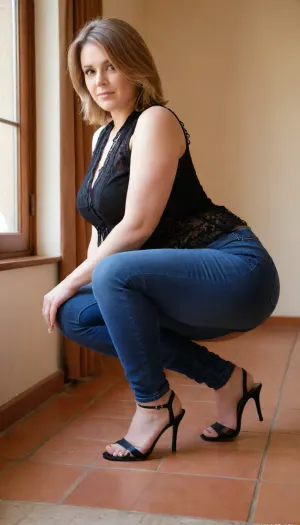 A voluptuous 48-year-old woman squatting. She has short, tousled light-brown layered hair and a natural, relaxed appearance. She wears a fitted black sleeveless lace blouse, paired with dark-blue skinny jeans. She is wearing elegant strappy high-heeled sandals featuring delicate ankle ties and open toes. Bright natural daylight fills the room, with a softly blurred urban building visible through the window. Warm terracotta tiled floor, cream-colored walls, realistic proportions, natural skin texture, sharp clothing details, and a clean contemporary indoor setting. Full-body composition, high-resolution fashion photography, realistic lighting.