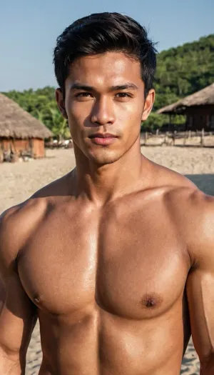 A man, 25 years old, young, Malay, handsome, muscular physique with a chiseled chest, mesomorph body type, fair-skinned, black hair, short hair, his body glistens with sweat, shirtless.

Wearing a speedo underwear.

Confident facial expression.

In a village, on a sunny day.