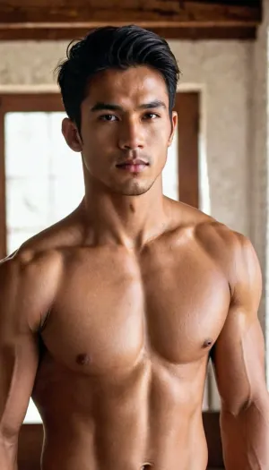 A man, 25 years old, young, Malay, handsome, muscular physique with a chiseled chest, mesomorph body type, fair-skinned, black hair, short hair, his body glistens with sweat, shirtless.

Wearing a speedo underwear.

Confident facial expression.

In a village, on a sunny day.