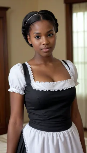 young black housemaid girl. huge tits exposed. submissive. curvy. happy.