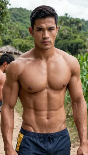 A man, 25 years old, young, Malay, handsome, muscular physique with a chiseled chest, mesomorph body type, fair-skinned, black hair, short hair, his body glistens with sweat, shirtless.

Wearing a speedo underwear.

Confident facial expression.

In a village, on a sunny day.