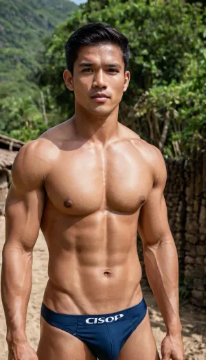 A man, 25 years old, young, Malay, handsome, muscular physique with a chiseled chest, mesomorph body type, fair-skinned, black hair, short hair, his body glistens with sweat, shirtless.

Wearing a speedo underwear.

Confident facial expression.

In a village, on a sunny day.
