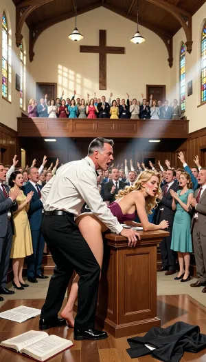A highly detailed mid-century commercial illustration in authentic 1950s retro style, bold clean lines, vibrant yet period-accurate color palette, soft illustrative shading, and idealized figures typical of 1950s magazine and advertising art, depicting an explicit pornographic scene inside a large traditional United Pentecostal Church of the 1950s, (Evangelical Apostolic Pentecostal Church with very strict holiness standards), during a lively worship service. The grand wooden-paneled auditorium is filled with a conservative congregation of hundreds standing with hands raised high in praise, eyes closed in fervent worship, singing passionately with open mouths, some with tears streaming down their faces, illuminated by dramatic shafts of light from tall stained-glass windows and simple overhead fixtures. Women throughout the congregation strictly adhere to the church’s holiness rules, wearing modest long 1950s dresses or skirts well below the knee, (no pants or slacks ever), with very long uncut hair flowing down their backs or styled long and natural, faces completely free of makeup or jewelry. Men are dressed conservatively in 1950s suits, dress shirts, and slacks.
On the elevated central wooden platform, under brighter stage lights and a large simple wooden cross in the background, a charismatic middle-aged pastor with salt-and-pepper hair, wearing an open white dress shirt, (tie loosened, suit jacket discarded nearby), and black trousers around his ankles, is vigorously fornicating with a stunningly beautiful 22-year-old woman from the congregation. She has very long flowing blonde uncut hair, a perfect youthful natural face with no makeup, voluptuous breasts bouncing, slim toned waist, wide hips, and long legs. She is bent over the wooden pulpit, her modest long 1950s-style dress hiked up around her waist, panties pulled aside, as the pastor grips her hips and thrusts into her from behind in explicit penetration. Her face shows intense pleasure with mouth open in a moan, eyes half-lidded.
Behind them, the full choir in modest conservative 1950s attire—women in long dresses with very long uncut hair and no makeup, men in suits—stands on tiered wooden risers, watching the scene with a mix of shock, arousal, and lingering worshipful expressions, some singers still holding hymnals.
Foreground details, open Bibles scattered on the floor, fallen hymnals, a discarded pastoral suit jacket. Dramatic volumetric lighting, god rays through stained-glass windows, subtle atmospheric haze, intricate architectural details of a 1950s church interior, (wooden pews, simple paneling, no modern screens or technology), sharp illustrative focus, erotic atmosphere, highly explicit nudity and sexual penetration, classic mid-century commercial illustration style.