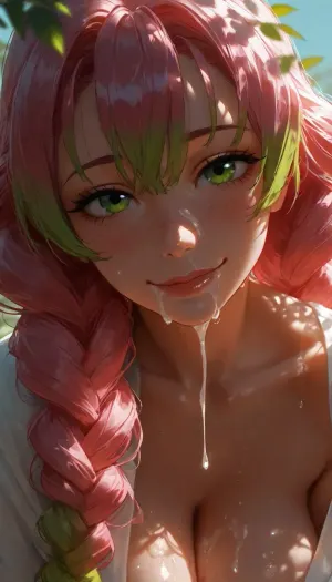 Mitsuri Kanroji from Demon Slayer, dressed, solo, looking at viewer, smiling, cum on face. Cumshot. Cum on neck. Cum dripping from face. Cum dripping from side of mouth. Cum on shoulder. Cum on tits. Dripping cum. side view bright aqua background with leaves., (dappled light, dappled sunlight), . Photorealistic, Hyper-detailed, 8k resolution, Sharp focus, Masterpiece, Extremely high fidelity, (perfect detailed face), (high realistic), (extreme realism), Natural blemishes, freckles, moles, discolorations, Subsurface scattering, ., <lora:MJ52:1.5>, <lora:attractive_notrigger:1.4>, <lora:BUT_SDXL_SHS:1.2>, <lora:Jeweled eyes-NAI:1.9>, <lora:dark:.9>