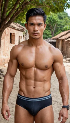 A man, 25 years old, young, Malay, handsome, muscular physique with a chiseled chest, mesomorph body type, fair-skinned, black hair, short hair, his body glistens with sweat, shirtless.

Wearing a speedo underwear.

Confident facial expression.

In a village, on a sunny day.