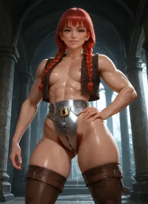 high quality, photorealistic, underground temple, dwarf woman, muscular, athletic, defined muscles, stout compact body, thick legs, broad arms, (short:1), alone, red braids, freckles, small breasts, (), (untied leather vest), knitted brown thighhighs, (heavy steel chastity belt:1.3), (padlock in front of belt), (excessive pubic hair), (dripping cum:1.1), (cum on thighs:1.2), standing, legs spread, (left hand on hip), condfident, smiling, (looking at viewer), (undressing)