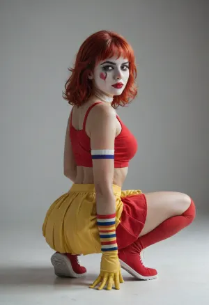 A studio photo of a woman with huge brests and round ass in stylized Ronald McDonald cosplay, squatting, looking with a serious expression. She has red medium-length hair, white clown face paint, a red clown nose, and dark tear-streaked eye makeup. Wearing a yellow crop top with red-and-white striped arm warmers, a single yellow glove, a white choker, and a yellow pleated mini-skirt with red tabs. Soft studio lighting, neutral two-tone grey wall background, clean editorial fashion portrait photography, shot on 35mm lens