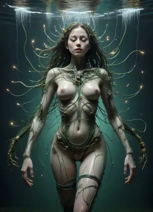 in the style of Junji Ito, symmetric beauty Android submerged in a green embryionic sac circle surrounded by biological wires and wires and other things, attached to the nipples, restraint, multilayered biomechanical, laurel, swirls, algae, vines, concept art, underwater, air bubbles, stretched arms, spreads legs, floating breasts, delicate pale skin, tiny sea creatures, all black matrix, extremely detailed face, vibrant glowing tunnel, ultra realistic background, full body view, frame fit, ais-wirez, <lora:Electrical_Wires_Style_SDXL:.1>