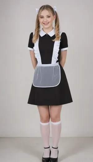 beautiful blonde 18 years old with ponytails woman, white bows, black dress, white apron, soviet school uniform, white high boots, high heels, blonde, small breasts, laughing, suxl, M3L0DYM4RK5, MELODY-MARKS, Scandic, <lora:suxl:.8>, <lora:M3L0DYM4RK5 [vvugot1905cc735fbp19f1]:1.8>, <lora:melody-marks-xl:2>