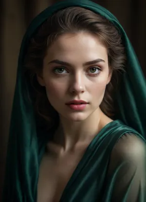 A cinematic, high-fashion portrait capturing the delicate balance between modesty and sensuality. A woman with a serene, enigmatic expression is draped in layers of sheer, high-quality silk and structured velvet in deep emerald tones. The composition is an elegant close-up, focusing on the interplay of textures—the soft opacity of the velvet against the ethereal translucency of the silk. The lighting is soft and moody, reminiscent of a Caravaggio painting, utilizing chiaroscuro to highlight the contours of her face and shoulders while letting the background fade into deep, mysterious shadows. The atmosphere is intimate, sophisticated, and timeless. The image features rich color grading with subtle golden highlights, ultra-fine detail on fabric weaves, skin texture, and soft, diffused natural light that evokes a sense of quiet confidence and understated allure. Photorealistic, shallow depth of field.
