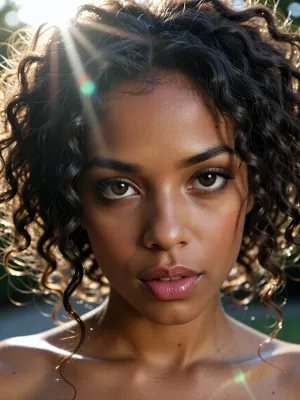 (experimental avant-garde artistic study of light and contrast), (striking of a 22yo woman's brilliant brown eyes), (surreal scene with intense hair-glow lighting, HDR lighting, light bloom, god rays, lens flare, afro american), (stray strands of hair framing her face), (outdoors daylight scene), (cinematic offset framing composition)