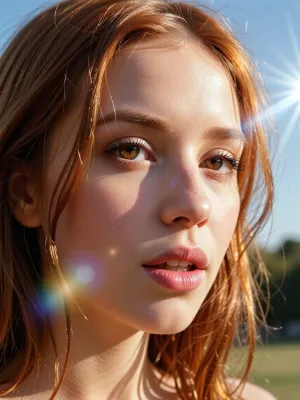 (experimental avant-garde artistic study of light and contrast), (striking low-angle closeup of a 24yo woman's brilliant brown eyes), light red hair, (surreal scene with intense hair-glow lighting, HDR lighting, light bloom, god rays, lens flare), (stray strands of hair framing her face), (outdoors daylight scene), (cinematic offset framing composition)