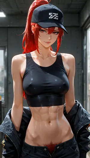 (semi-realistic:1.4), (skinny body:1.4), (medium breast:1.2), sexy young woman, tight high red ginger ponytail, black baseball cap slightly tilted, short tight black crop top, erect nipple bulge, no panties, black military cargo pants, toned muscular abs, (excessive pubic hair:1.4), unzipped undressing pants, smirk, confident stance, detailed face, cinematic lighting, high detail, leg spread, <lora:add-detail-xl:1.2>, <lora:attractive_notrigger:1.2>, <lora:detailed_notrigger:1.2>, <lora:LCMTurboMix_Euler_A_fix:1.2>