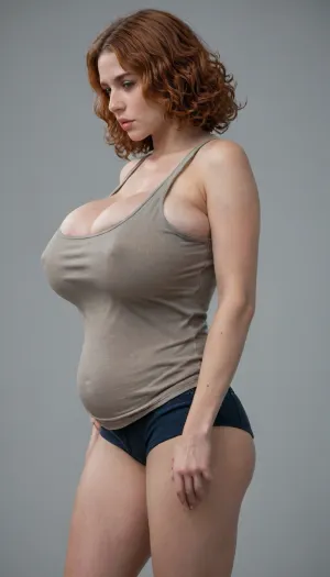 (((is holding his soft lower stomach))), ((Knee-deep photos)), side view, girl with massive breasts, breasts are crammed into tight tank top, clothing is insanely tight, (((((breasts are billowing around fabric seams))))), ((((tank top is overflowing with huge natural breasts)))), tearing fabric around breasts, fabric straining, tank top is too to contain massive breasts, fabric cutting into skin, tank top is too for huge tits, Irish redhead, tight curly hair, tight top, simple background, pale skin, detailed skin, cinematic, great shading, moody lighting, breast inflation, breast expansion, breasts outgrowing tank top, (((Wendy Fiore)))