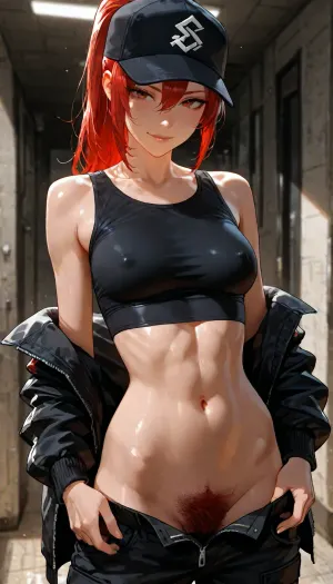 (semi-realistic:1.4), (skinny body:1.4), (medium breast:1.2), sexy young woman, tight high red ginger ponytail, black baseball cap slightly tilted, short tight black crop top, erect nipple bulge, no panties, black military cargo pants, toned muscular abs, (excessive pubic hair:1.4), unzipped undressing pants, smirk, confident stance, detailed face, cinematic lighting, high detail, leg spread, <lora:add-detail-xl:1.2>, <lora:attractive_notrigger:1.2>, <lora:detailed_notrigger:1.2>, <lora:LCMTurboMix_Euler_A_fix:1.2>