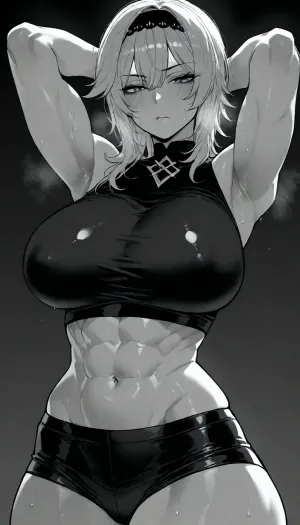 Black-and-white manga-style illustration, high contrast monochrome, dark shonen aesthetic. Eula Lawrence from Genshin Impact standing centered against a solid black background, faint grey glow outlining her silhouette.

Short messy ash-blonde hair, (pale silver-white in monochrome), choppy bangs, black headband with a four-pointed star ornament. Sharp narrowed eyes, stern cold expression, brows lowered in quiet disdain. Dramatic cross-hatching shadows on her face.

Tall muscular warrior physique — hourglass figure with a large full bust, wide hips and a large round butt, and a cut, defined body, visible six-pack abs, toned obliques, thick muscular thighs, strong shoulders. Fitted black turtleneck crop top with long sleeves, glossy leather-like sheen, stretched taut over her chest, ending just below it. Arms crossed firmly over her chest in a guarded pose. Exposed toned midriff with defined abs and navel, soft grey screentone shading. Simple dark underwear, mostly in shadow. Full hips and thick muscular thighs with strong contrast between deep black shadows and bright highlights.

Dramatic frontal lighting — stark white highlights on hair, chest and stomach, everything else falling into deep black. Fine ink linework, clean vector-like edges, moody powerful atmosphere — staring directly at the viewer with cold noble confidence.

Vertical portrait, character in lower two-thirds of frame, empty black space above her head. Ultra-detailed crisp line art, Genshin Impact fan art., uberfit, muscular, athletic, blush, breasts, monochrome, greyscale, large, eyebrows, visible, through, hair, bangs, solo, focus, masterpiece, best, quality, very, aesthetic, absurdres, ratatatat74, madhouse-Animestyle, <lora:uberfit_lora_sdxl:2>, <lora:CALM WHITE-NAI:2>, <lora:ratatatat74-000050:2>, <lora:mk_Bp Anime_xl:2>, <lora:MadHouseXL-Anime_Style-000006:2>
