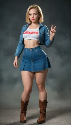 ((Barely cool)), ((Android 18:1.2)), realistic full body portrait in dynamic pose, (turquoise eyes), ((serious and mysterious expression:1.2)), ((Bright red lips very thick and small:1.3)), ((narrow waist:1.4)), (((extremely wide and curvilinear hips))), (((thick thighs))), (((Ella está en un callejón futurista con mucha fog:1.5))), ((She's wearing a crop-top with a beautiful denim jacket and pleated denim skirt)), ((Ankle boots with platform:1.1)), ((short golden hair:1.2)), ((warm lighting, fog:1.4)), ultra realistic leather and fabric texture, ultra high resolution 8K, photorealistic style --v 5 --ar -style 750