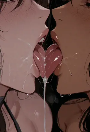 (Ratatatat74), (korra), (asami sato), 2girls, cum swapping, tongue licking, lesbian, close-up, <lora:ratatatat74-000050:.8>