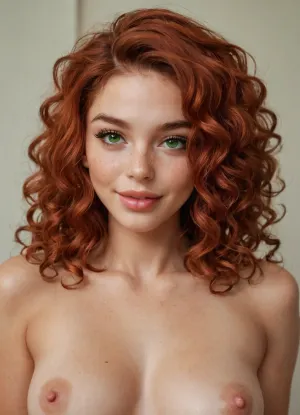 Her name is Rita, 21 years old, 160 cm tall, and thin. She has very small, pointed breasts with large, very dark areolas and long, hard nipples. She has short, curly copper-red hair. She has a beautiful face, very big intenive-green eyes with long lashes, perfect, full lips. Her face shows a cute smile. A thick drop of cum hangs on the right corner of her mouth, <lora:Face Shapes - Round XLP:.5>