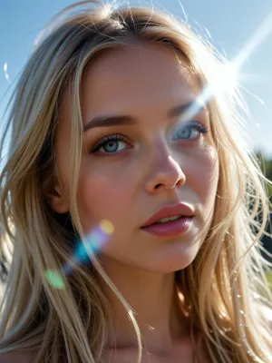 (experimental avant-garde artistic study of light and contrast), (striking low-angle closeup of a 24yo woman's brilliant blue eyes), (surreal scene with intense hair-glow lighting, HDR lighting, light bloom, god rays, lens flare, light blonde hair), (stray strands of hair framing her face), (outdoors daylight scene), (cinematic offset framing composition)
