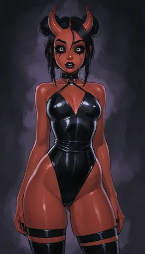 reiq style and Jack cayless art style, masterpiece, best quality, highly detailed, (anime:1.2), BREAK, (solo), 1 lady, 3/4 view, (((demon girl, deep red skin, black sclera, completely black eyes))), horns, style, (1woman, 8k resolution, ultra-detailed), exposed, (goth outfit), piercing on eyebrow, piercings on face, goth accessories, dark purple background, (((huge ass, strong thighs, very defined glutes))), (((petite chest, narrow waist))), (curvy), aryan, plump black lips, chocker, realistic face, beautiful black hair, goth makeup, beautiful face, high bun hairstyle with fringe, seductive face, hot e, mid shot, satanic, (((scary, spooky, occultism, hell, sinful, lust, satanism, nightmare, demon, demonic))), ratatatat74, <lora:EnvyBeautyXL02:.5>, <lora:mk_Bp Anime_xl:1.7>, <lora:EnvyAnimeDigitalPaintingXL01:.5>, <lora:ratatatat74-000050:.6>, <lora:EnvyInfernalXL01:.7>