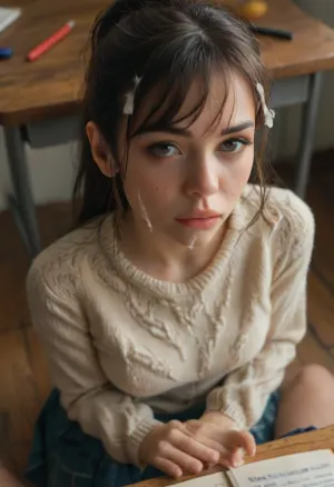 Masterpiece, hd, ultrarealistic, score_9, score_8_up, score_7_up, Pov from the side and above, looking down at a girl sitting at a desk in a classroom, side view, ((very high angle of view)), 18 years old, she's 18 but looks 14, legal age of consent, half asian, she has long straight brown hair, (tight high ponytail), (bangs), (fringe), (her hair is beautiful, clean and shiny), (her hair is covered in cum), (cum in hair:1.4), (lots of cum in her hair), cute, adorable, innocent, (young), tight fitting school uniform, soft cardigan sweater, very skinny, very petite, freckles, dark eye makeup, pink lipgloss, hands together daintily in her lap, sad, angry, girl, cum, on, face, <lora:MJ52:.8>, <lora:style_lora_realis:2>, <lora:JustCum:2>