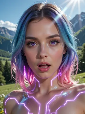 (experimental avant-garde artistic study of light and contrast), (striking low-angle closeup of a 20yo woman's brilliant brown eyes and violet pupils), (surreal scene with intense hair-glow lighting, HDR lighting, light bloom, god rays, lens flare, her hair dyed a gradient of electric blue fading into neon pink, each strand catching the ambient glow like liquid glass. The woman is sexually highly aroused. In her skin is overlaid with iridescent circuitry that pulses with a soft violet light, The background a beautiful green landscape in the mountains.., (outdoors daylight scene), ((eye-level)), ((Front view)))