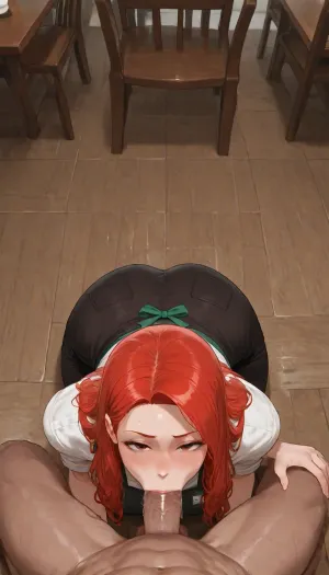 Busty redhead barista woman kneeling on the floor of a coffee shop, wearing uniform, giving a sitting muscular man a sloppy blowjob, ((busty redhead barista)), ((redhead woman)), ((kneeling on coffee shop floor)), ((giving muscular man sloppy blowjob)), ((sloppy blowjob)), ((chair blowjob)), ((coffee shop setting)), coffee, shop, RokuMadelainePetsch, Rokupetsch, long, hair, NEGATIVE_HANDS, bl0j0, girl, blowjob, pov, penis, <lora:JJsCoffee_Shop_XL:1.5>, <lora:Madelaine Petsch:1>, <lora:bl0j0:1.5>
