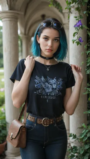 A vibrant digital illustration of a stylish young woman with a dark bob haircut featuring blue highlights. She wears a black floral t-shirt dress, a brown studded belt, and black lace pants, accessorized with a choker, necklaces, and a brown shoulder bag. She poses confidently with one hand touching her hair, wearing sunglasses on her head. The background is a lush, sunlit garden corridor with white columns, hanging purple flowers, and fluttering butterflies. The style is bright, semi-realistic, and detailed, resembling a high-quality character art or fashion illustration.
