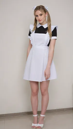 beautiful blonde 18 years old with ponytails girl, white bows, black dress, white apron, soviet school uniform, white sandals, high heels, blonde, small breasts, long legs, looking down, suxl, M3L0DYM4RK5, MELODY-MARKS, Sch0llg1rl, American, European, Scandic, Canadian, uniform, <lora:suxl:.8>, <lora:M3L0DYM4RK5 [vvugot1905cc735fbp19f1]:1.8>, <lora:melody-marks-xl:2>, <lora:Schoolgirl:.8>, opentoeNYX, <lora:opentoeNYX_XL:.8>