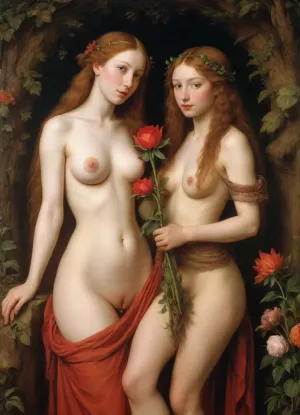 2woman, naked, break, painting, first woman, 127 years old, enormous breasts, blond hair, holding a rose, second woman, 18 years old, petite, very dark brown hair, ery small breadts, grown of flowers around her head, (style of Albrecht Durer:1.7), John, Constable, J.C., Leyendecker, Style, page, <lora:John Constable Style:.8>, <lora:J.C. Leyendecker Style:.8>
