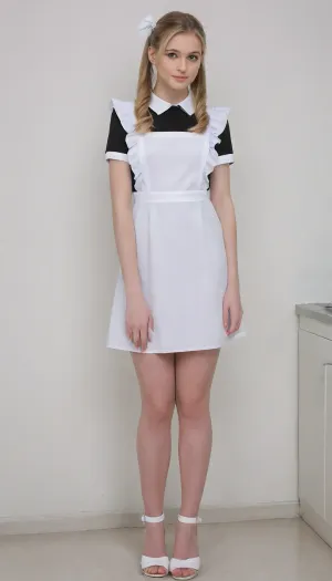 beautiful blonde 18 years old with ponytails girl, white bows, bright earrings, black dress, white apron, soviet school uniform, white sandals, high heels, blonde, small breasts, long legs, looking down, suxl, M3L0DYM4RK5, MELODY-MARKS, Scandic, <lora:suxl:.8>, <lora:M3L0DYM4RK5 [vvugot1905cc735fbp19f1]:1.8>, <lora:melody-marks-xl:2>, opentoeNYX, <lora:opentoeNYX_XL:.8>, <lora:Bamboo_earring-000008:.8>