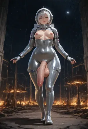 🐰🔝💔🕸️Luna Snow from Marvel Rivals, 1girl, solo, sexy pose, asymmetric two-toned hair, half black half white hair, left side solid black, right side solid white, short bob, black and white split hair, heterochromia, one blue eye one amber eye, red lips, bright blue crop top, black cropped jacket with blue accents, light gray shorts with blue straps and harness, blue and black outfit, fingerless gloves, detailed, anime style, masterpiece, best quality, exposed breasts, Captured with a Leica M3, 50mm Summicron lens at f/1.8, the depth of field is razor-thin, blurring the foreground into soft out of focus, tactile bokeh. The color grade is melancholic and desaturated, with deep teals in the shadows and a pale, ghostly cream highlight on her skin. The mood is one of claustrophobic sanctuary and spiritual desperation, reminiscent of a Caravaggio painting translated into a gritty, photojournalistic still from a period drama. Realistic photograph, DSLR, natural color palette, photojournalism quality, A night-time dark candid hard flash 2010 digital camera shot of a pale-skinned thin 18-year-old ethereal skinny adult Swedish girl, bright blue eyes, She is exposing her elegant flat chest, narrow hips, She has an intense facial expression, with her lips half parted, an expression of intense dreamy sexual pleasure, eye contact to viewer, She has a lithe thin soft body, provocative innocent smile, poor lighting, at night, dark, night seductive, (full body with, (feet)), saturated glossy pink lipstick, beautiful expressive eyes, seduction, She wears elaborate prefectly applied dramatic geometric eye makeup with large bold jagged black winged eyeliner and blue-silver glittery gradients and glossy wet pink lips. walking on a grey lunar landscape—realistically recreated Moon surface lik an astronaut, large craters, and a star-filled black sky—stands a girl, ((She is wearing a skin tight full nasa transparent silver spacesuit, closed space helmet)), pale skin, white skin, fantastical, focus on the woman, cinematic lighting, volumetric lighting, dramatic lighting, shadow and light, Masterpiece, intricate lines, intriguing atmosphere, sharp magnificent details, impenetrable night, the sun in black space at a great distance, the afterlife of Pluto, the orta cloud, Thunderstorms, gas clusters, neutron star, electro magnetic field, earth's magnetic field, Pervasive radiation, radio waves, extremely intense cosmic radiation, nuclear fusion, big bang, The sun is in the sky, a spaceship of unknown origin, alien film, Neu, (futanari:1.5), (Reiq style:.8), ((hyper-realistic)), nude, (giant thick penis:1.6), (large testicles:1.4), (erect penis), veiny penis, A lot of semen dripping from the penis, professional seductive, slender body, trained body, ((ultra-detailed, realistic, hyper-realism, maximum detail, ultra-detail settings)), ((heavily oiled body, heavily oiled skin)), frontal angle, <lora:EnvyPulpScifiXL:2>